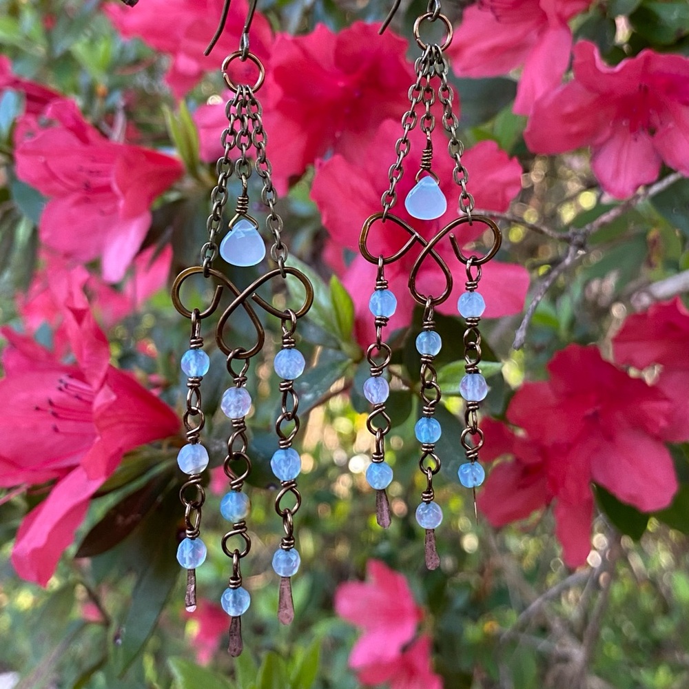 Handcrafted Aqua Chalcedony and Agate Chandelier Earrings